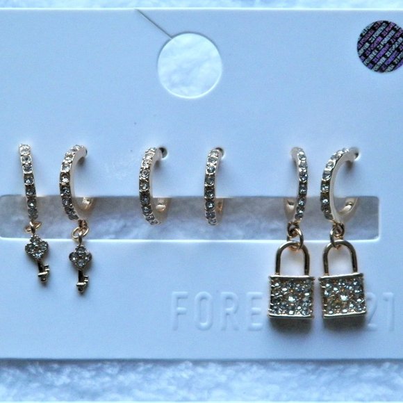 1.75" Gold Charm Hoop Earring 3 PR Set Lock Key Trending Valentine's Day GIFT - Picture 1 of 4